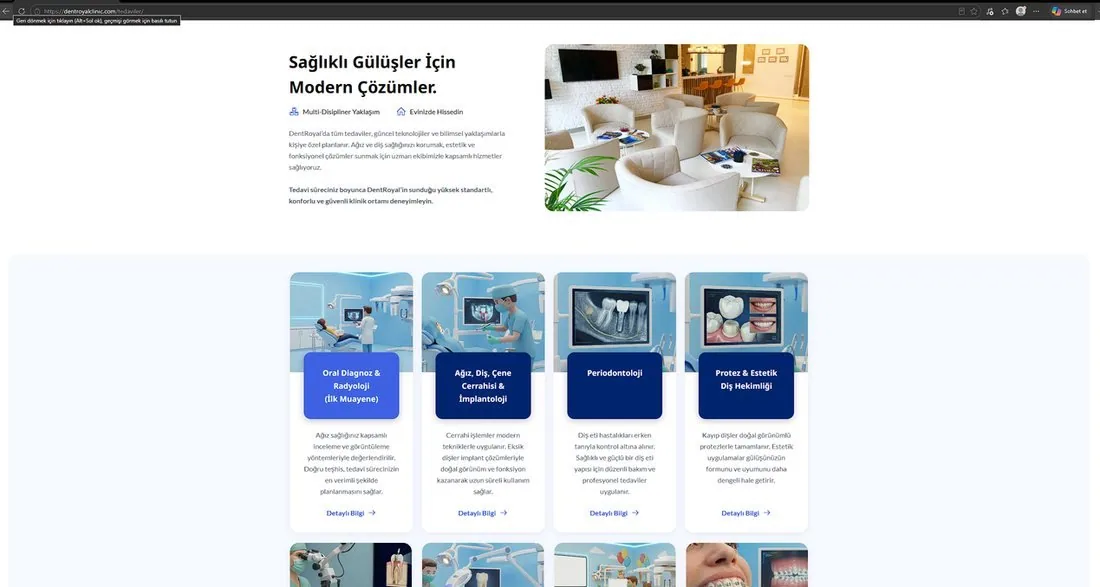 DentRoyal web sitesinde hizmetler bölümü